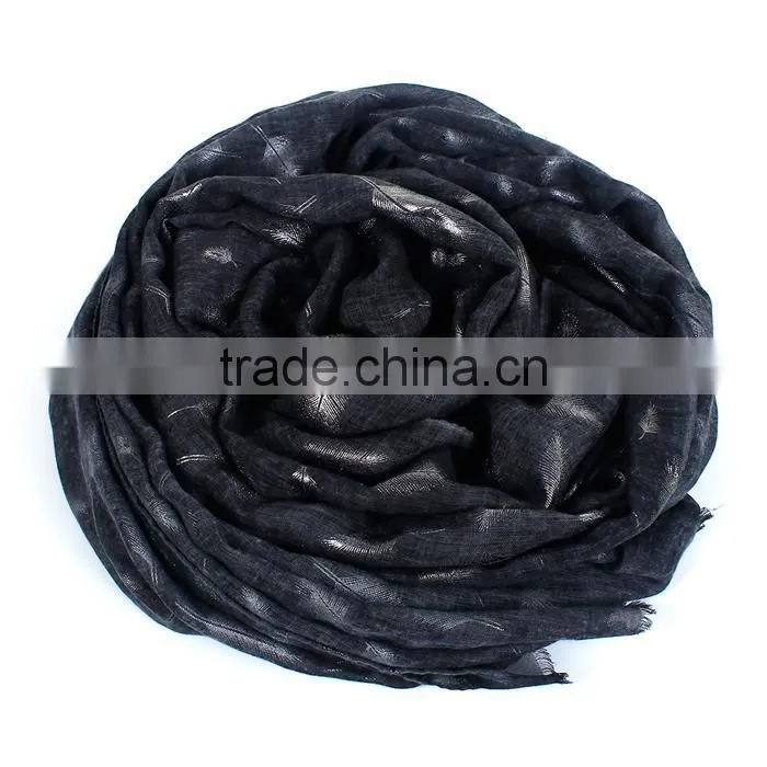 Cotton Polyester Blend Scarves & Wraps Rectangle Silver Black Feather Fashion Scarf 2017