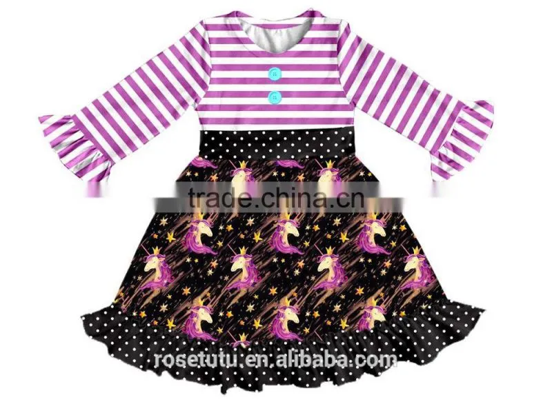 Ruffle lace Fall boutique outifit princess print unicorn pattern Cattoon print Swing dress Girls casual dress