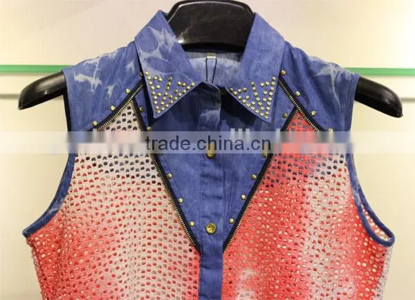 Women's hollowed-out sleeveless tops with a shirt collar