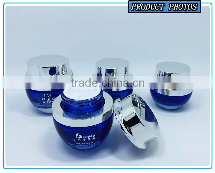 Bule colored glass cosmetic bottles and jars