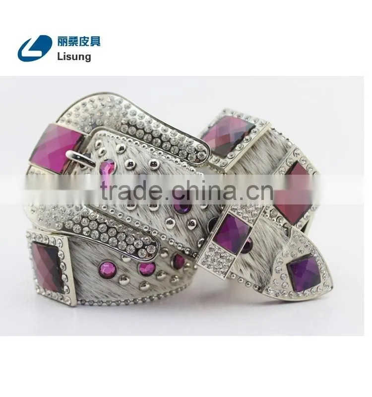 Purple Crystal Full Rhinestone Buckle Horse Hair Hide Western Cowgirl Belt