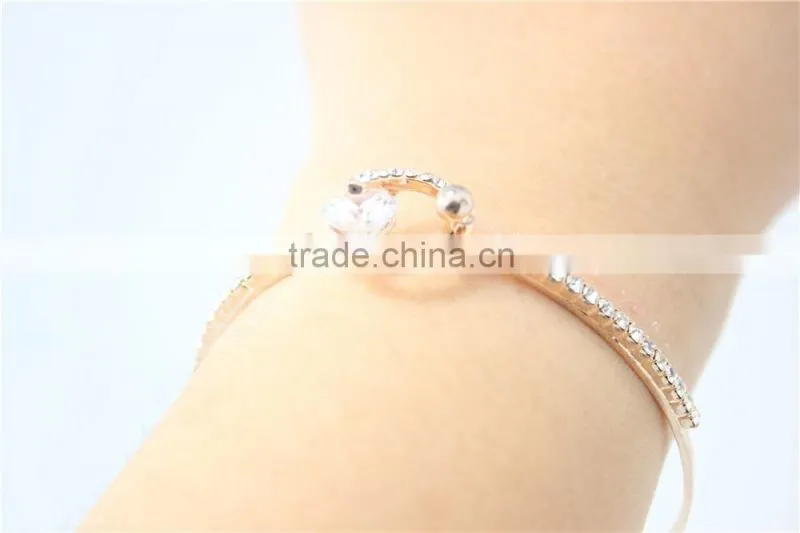 Classic Light Rose Gold Polished Bangle Bracelet White Clear Rhinestone w/Sides Claw Diamond Chain Cuff 2016New Intrend style