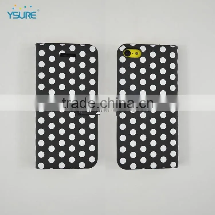Simple Style PU leather case For iPhone 5c with White Spot , big magnet and support ability that easy to watch video
