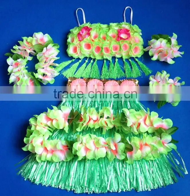 2014 new fashion hawaiian hula skirts with flower trim