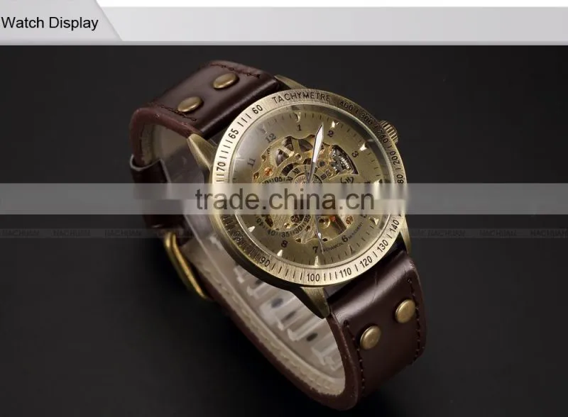 Mens Vintage Bronze Skeleton Analog Auto Sport Mechanical Watch