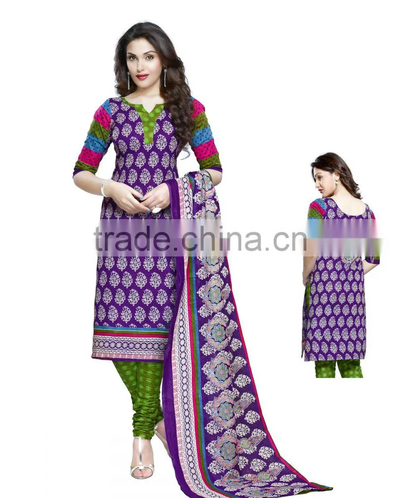 Ethnic motif top with purple and white color cotton dress material