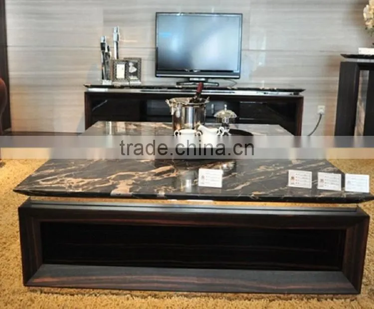 Square Travertine marble top wooden base coffee table