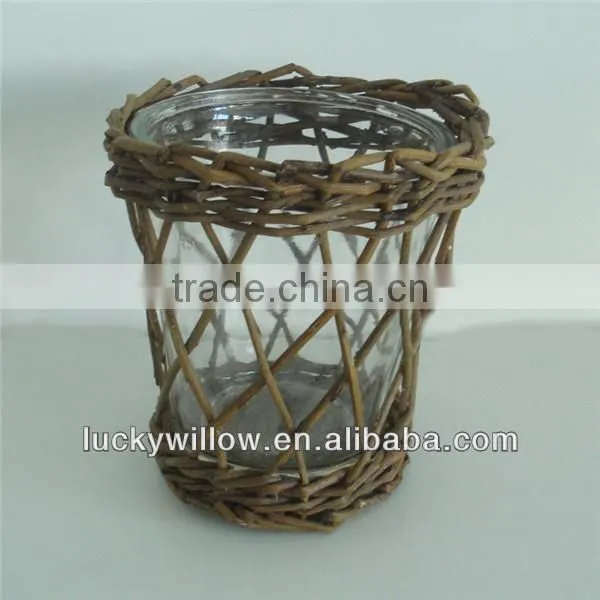 wholesale small round wicker basket with glass bottle candle holder