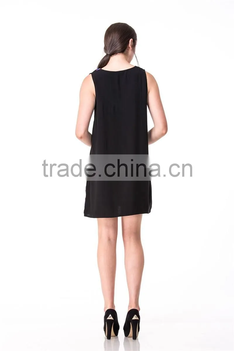 Beaded Embroidery Shift Dress Factory Price Accept Small Order V-neck Sleeveless Dress in Navy Blue Women Dress