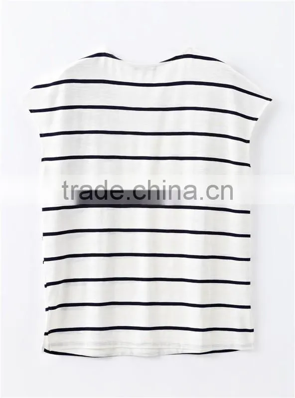 European American style leisure loose knitting minimalism round collar short sleeve stripe T-shirt