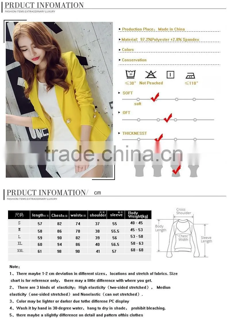 2016 Women Blazer Korean Version Cultivating Wild (green Yellow Black) Long-sleeved Small suit Women Blazers And Jackets