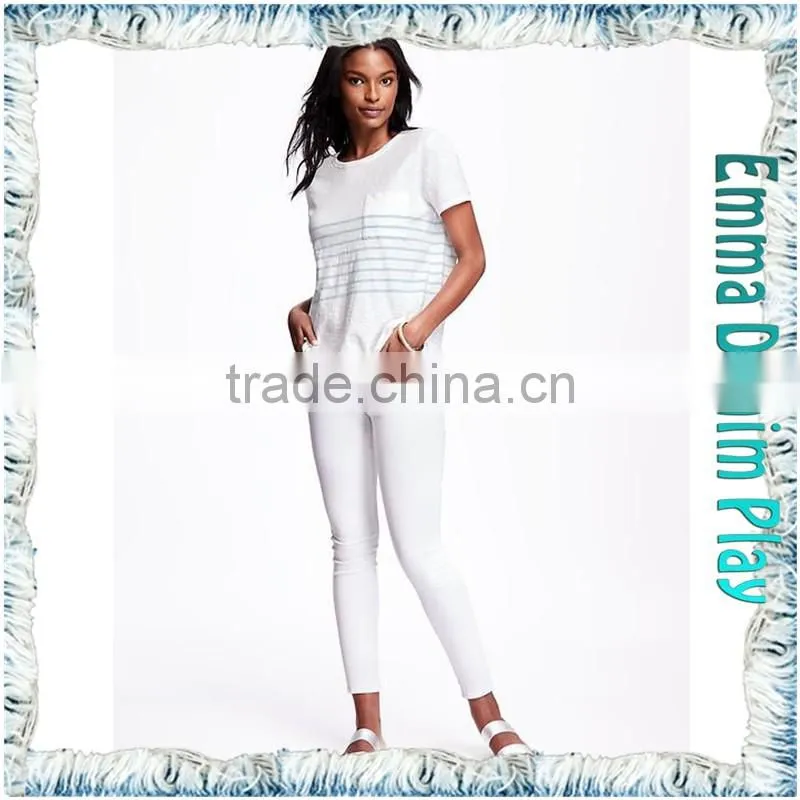 Fashion Models Custom Ladies Stripe Design White Cotton Scoop Neck Tee Shirt