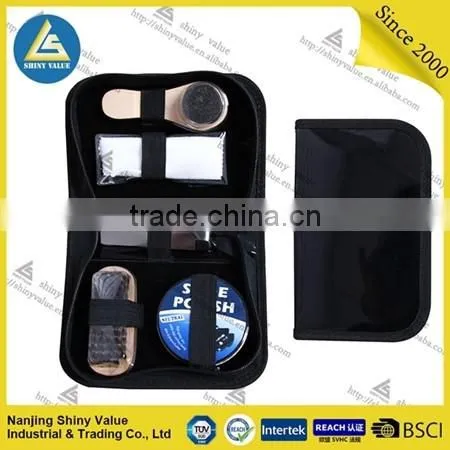 compact PVC bag shoe care kit with pig's hair shoe brush for men