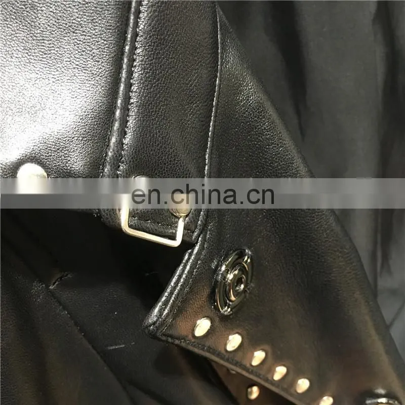 Women Fashion Long Black Rivet Real Leather Coat Leather Trench Coat