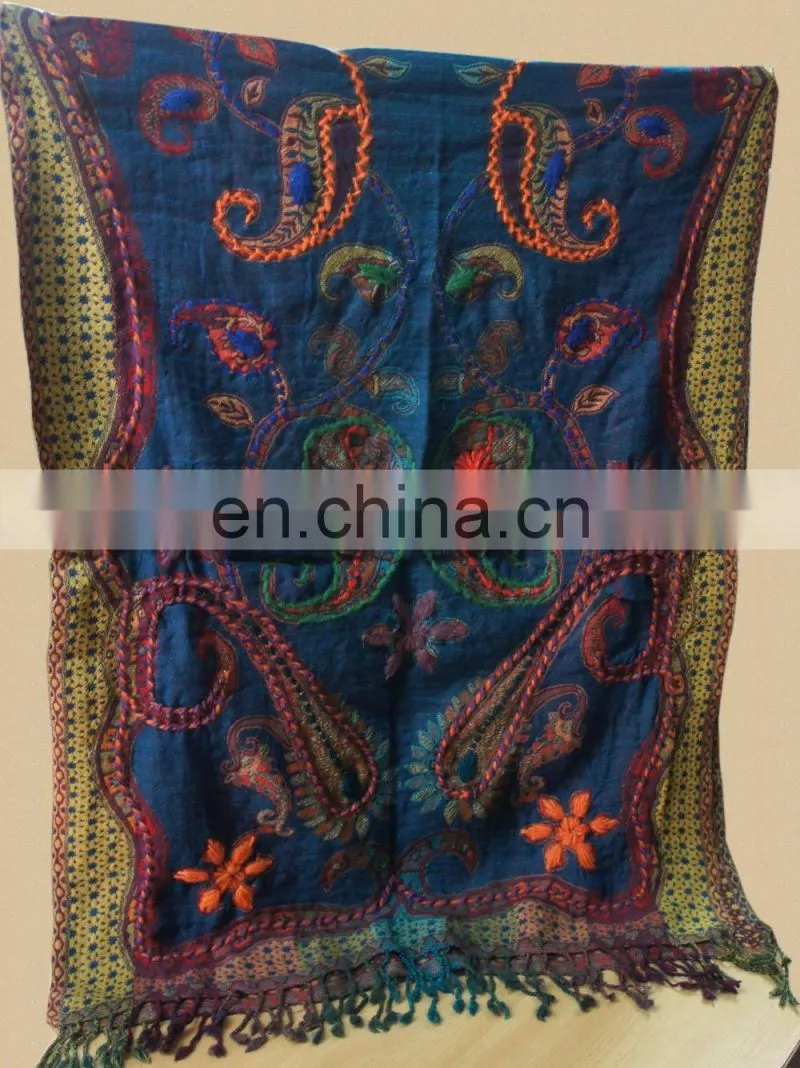 100% Wool jamawar shawl with fancy wool embroidery