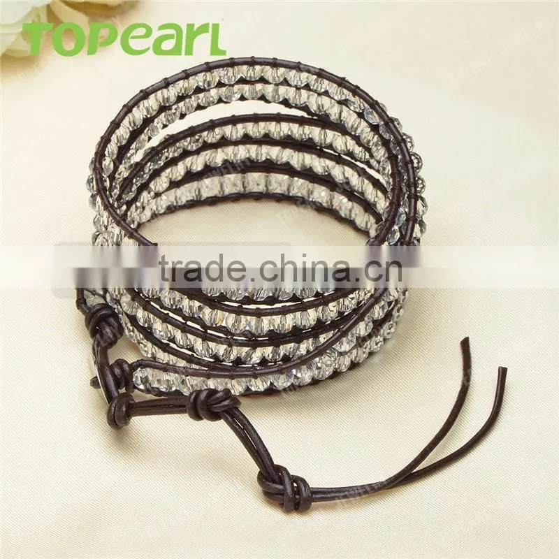 Topearl Jewelry Faceted White Crystal Charm Bracelet Woven Leather Wrap Bangle 33.5 Inches CLL137