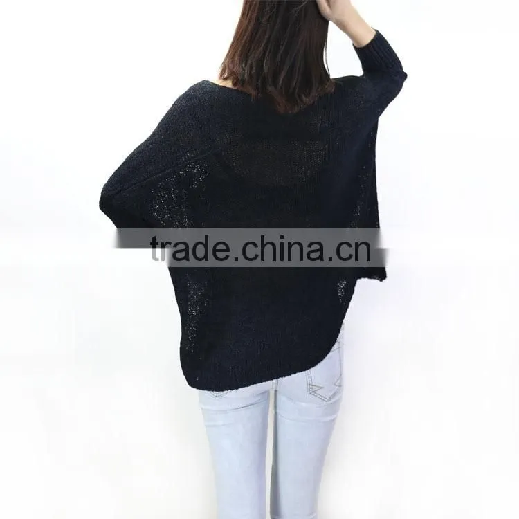New Big yards loose low round neck pullover sweater female bat sleeve hollow smock