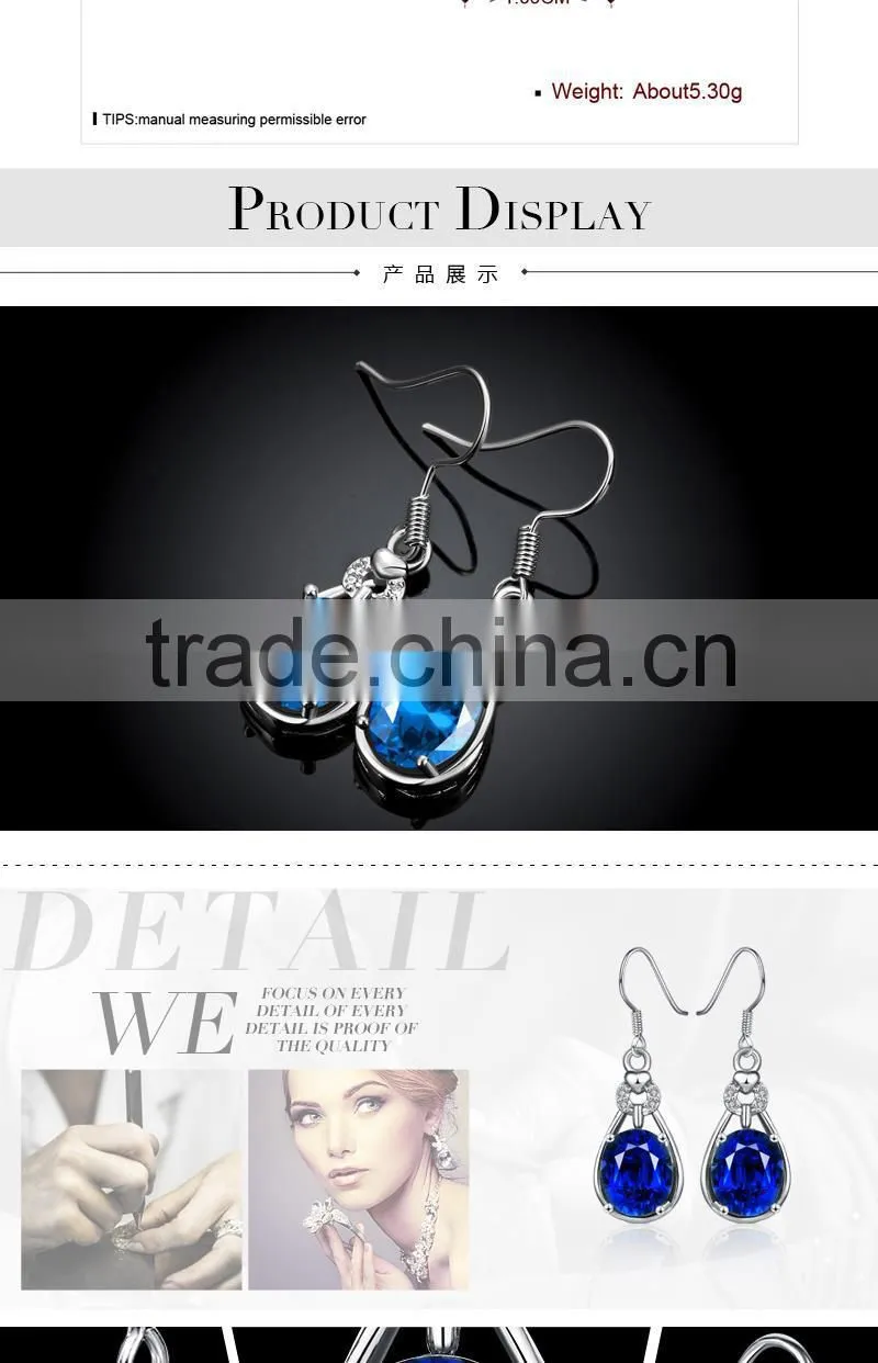 2015 romantic imitation long blue platinum gold plated aaa cubic zircon earrings