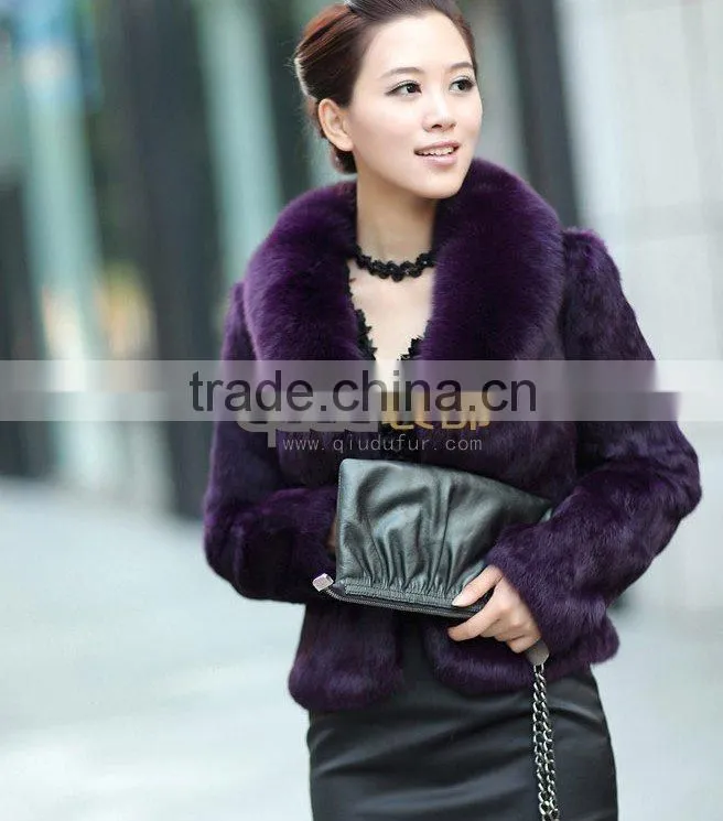 QD-VB0803 Whole-hide Rabbit Fur Jacket with fox fur collar