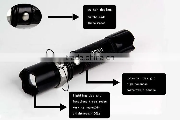 250 lumens Aluminium led flashlight, 360 zoom flashlight torch with 5 -mode light output and detachable lanyard