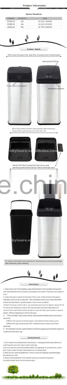 sensor dustbin 5038LM 38L Stainless Steel Sensor Bin, with black Lid