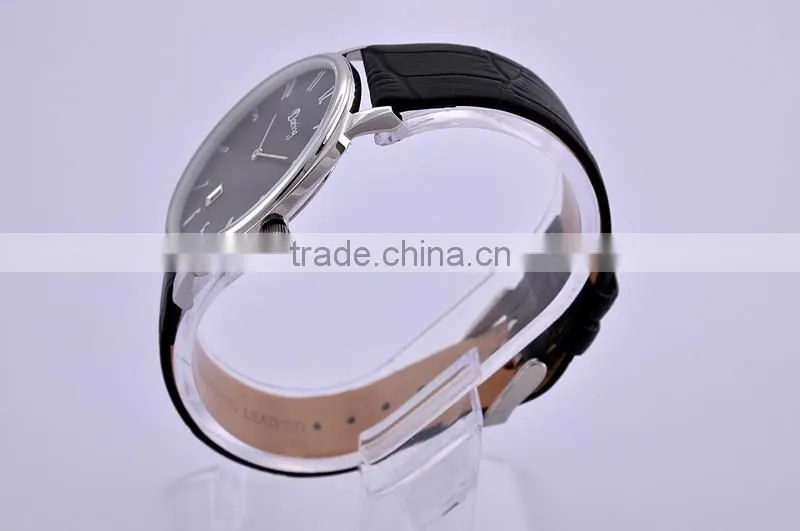 Mans business watch stainless steel case black genuine leather strap watch