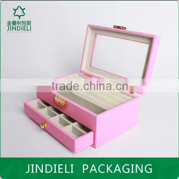 pink beautiful fashion leather wooden drawer jewelry box with pvc window