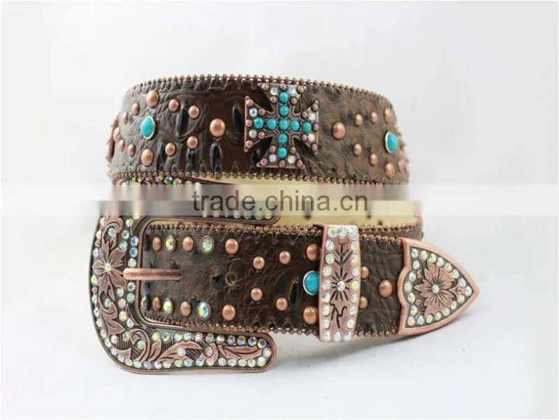 2016 Best Seller Western rhinestone leather belt with horsehead conchos