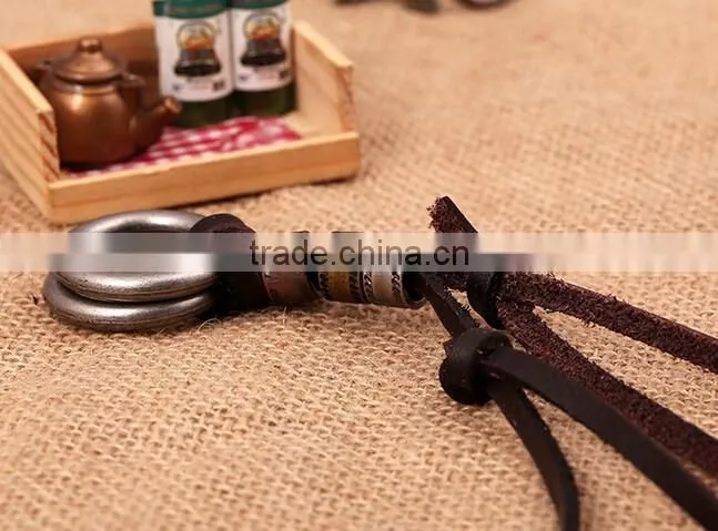 Original Genuine Brown Leather Cord Double Alloy Circle Pendant Punk Jewelry Men Necklace