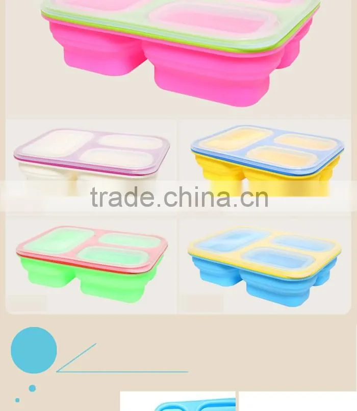 3 Compartment Portable Silicone Collapsible Microwave Lunch Box Food Storage Box
