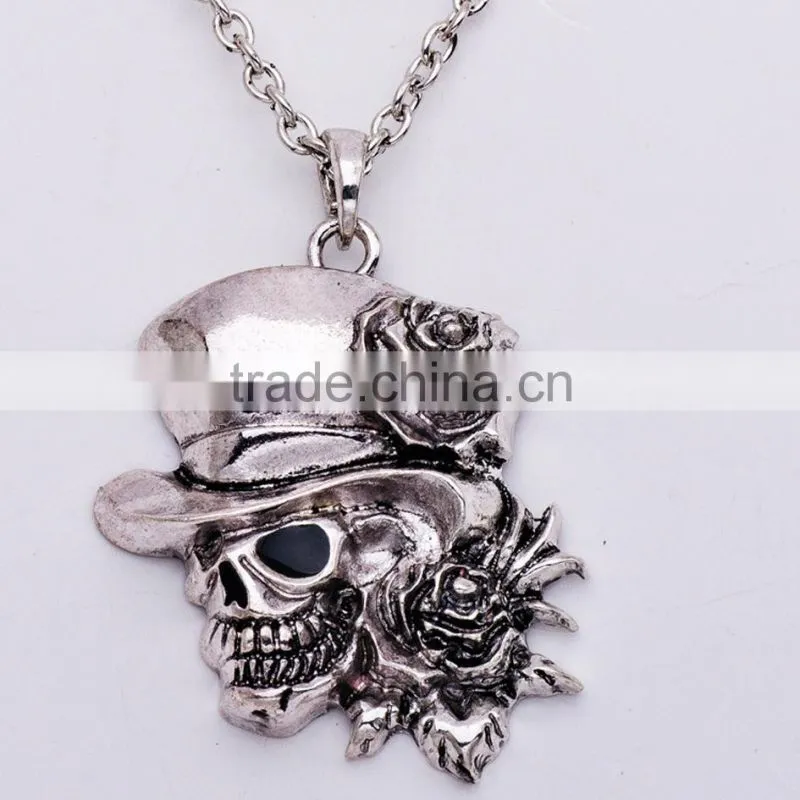 Hiphop imitation jewelry halloween necklace punk skull pendant with flower statment necklace sweater chain Yiwu factory