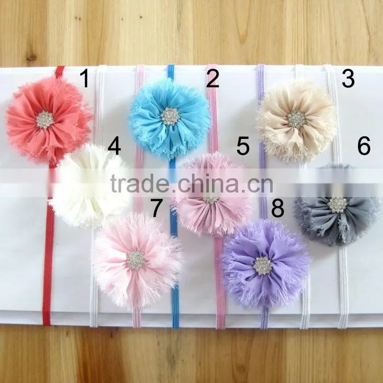 fraying chiffon flower headband with pearl rhinestone in center for kids hair accessories
