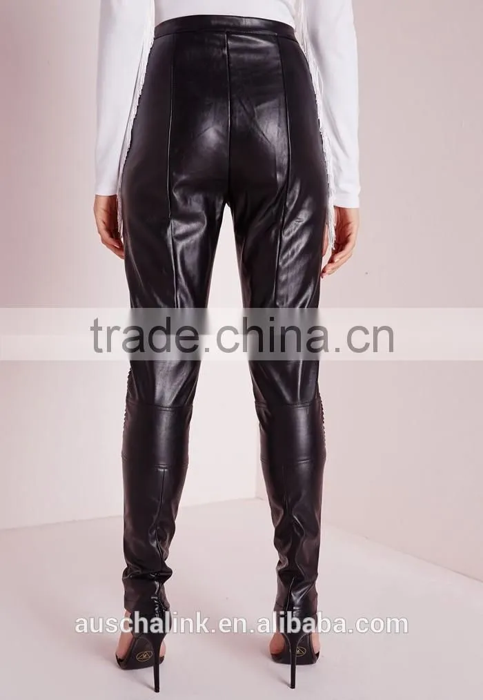 new design black faux leather biker pants cheap price