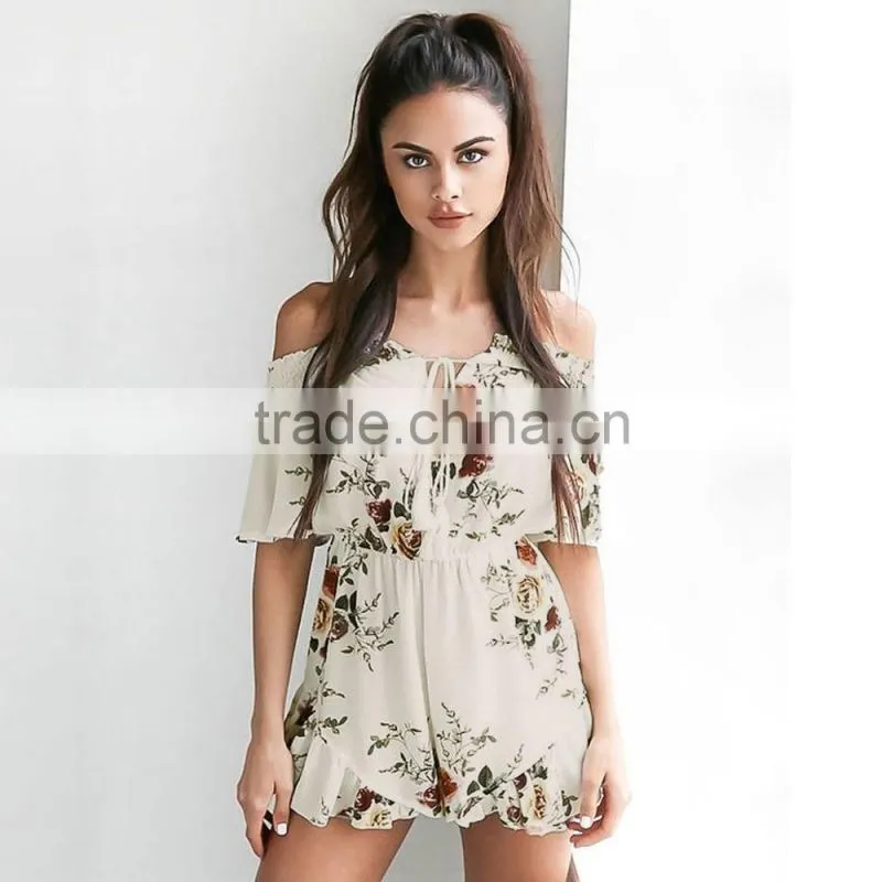 Drop shipping floral off shoulder one piece adult fashion short jumpsuit for wholesale 2017