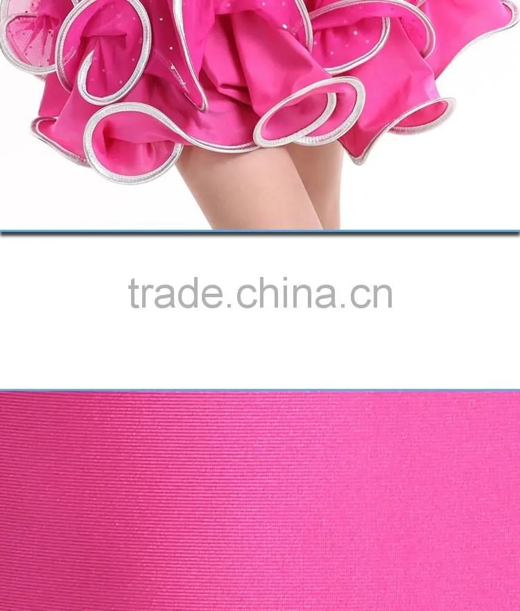 2016 New Fashion Girls High Neck Long Sleeve Performance Dress Child Kids Rhinstone Sequin Mesh Sexy Latin Dance Dress