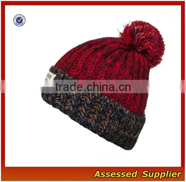 High quality hand-knitted winter cap thick knitting wool beanie hat with pom pom
