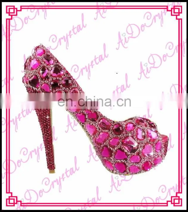 Aidocrystal Luxury big diamond rhinestone deep pink peep toe glitter wedding shose high heel