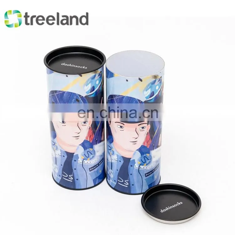 Recyclable round shape packages re-usable tin plug cardboard tube box packaging for socks