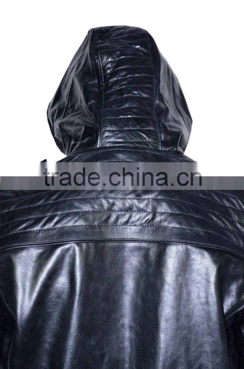 Black hooded leather jacket for men