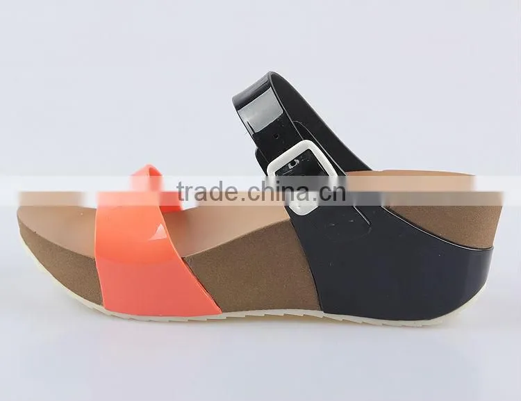 2015 Women Jelly PVC Slipper shoes Stitching Color PU Wedge Sandals PU Wedges Shoes