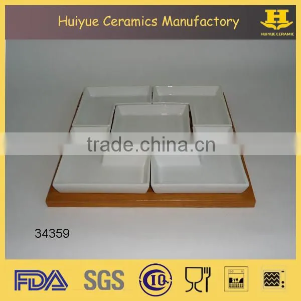 Snack dish set with bamboo base, porcelain dish set