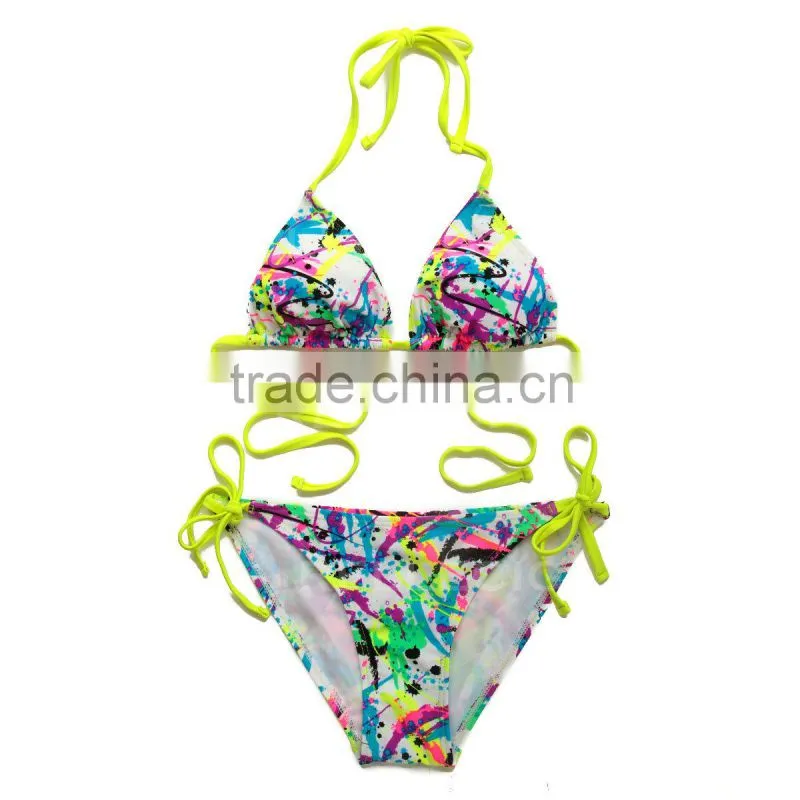 RELLECIGA Girl Doodle Print Triangle Bikini Set with Fluorescent Yellow Ties and Removable Padding