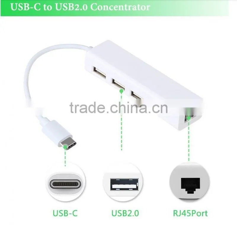 Multi-function Type C to 3 Ports USB Hub With RJ45 LAN Ethernet Adapter Cable For Macbook 12 inch