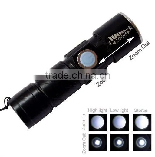 LED Zoom Aluminum Alloy Flashlight Torch Lamp 3 Modes Rechargeable USB Camping Flashlight