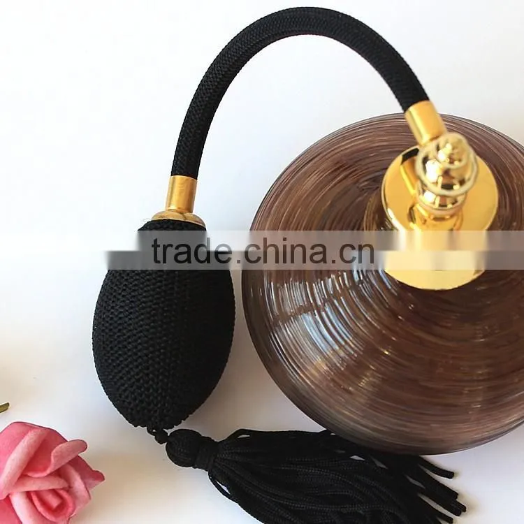 High Style Handmade Brown Stripe Ellipse Glass Perfume Bottle With Gasbag Sprayer Pump