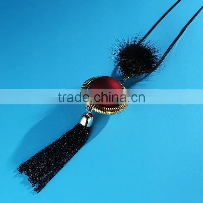 red bead gold hoop pendant long chain necklace black chain tassel necklace pompon necklace