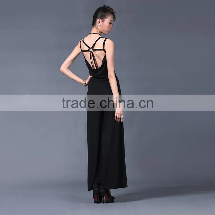 stapless women black casual V neck jumpsuit wholesale