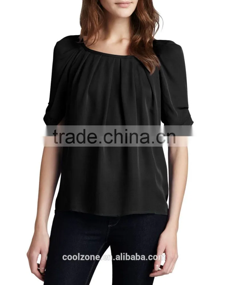 Latest pleated neck puffed shoulders silk blouse elegant silk blouses models