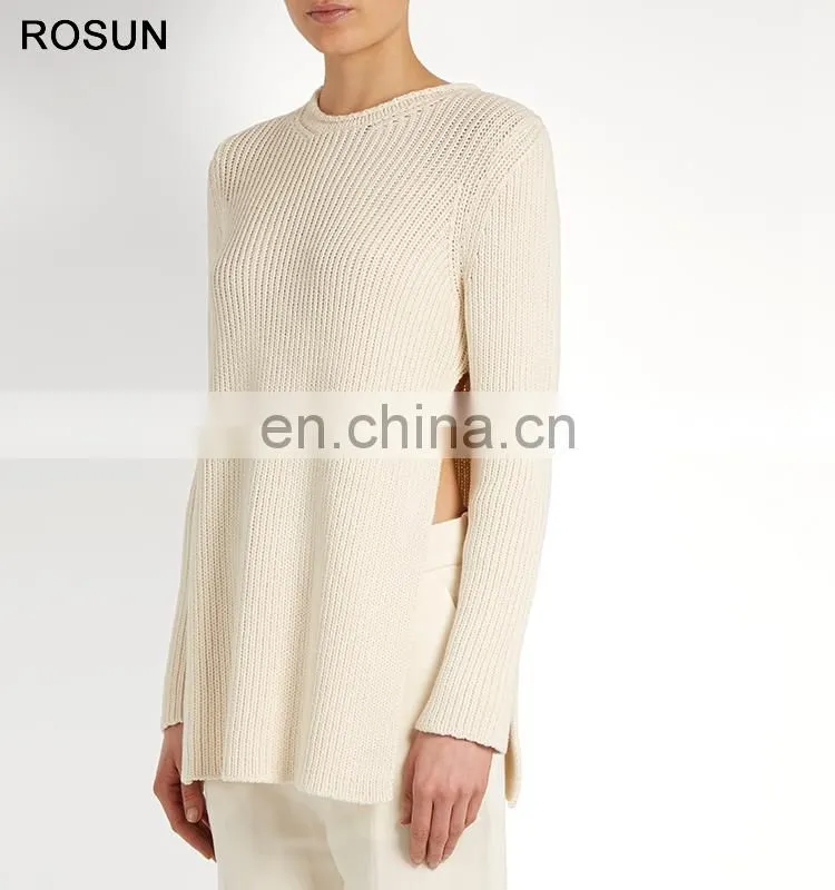 Women Round Neck Ribbed Knit Cotton Blend Sweater