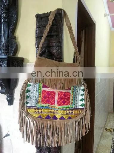 VINTAGE BANJARA EMBROIDERY SUEDE ETHNIC PATCHWORK HANDMADE MIRROR TRIBAL BAG